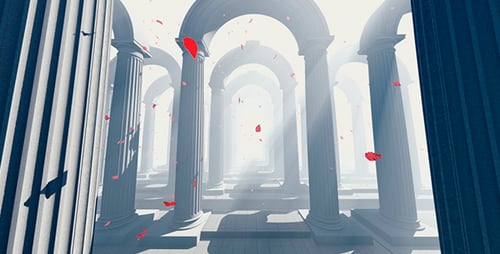 Columnas arquitectónicas y pétalos rojos
