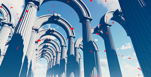 columnas blancas, cielo azul y hojas rojas