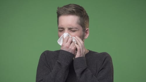 Man Blowing Nose Due to Illness on Green Screen