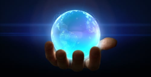 Human Hand Holding a Futuristic Digital Earth Globe