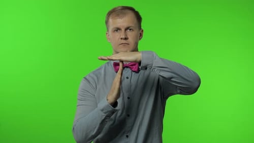 Man Showing Time Out Sign. This Is Limit, Enough Gesture. Portrait of Guy on Chroma Key Background