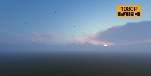 Flock of Birds Flying Across a Serene Sunset Sky