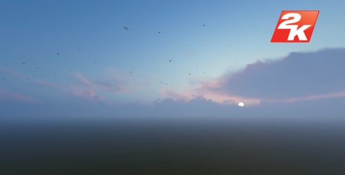 Tranquil Sunset with Birds Flying Over a Calm Landscape