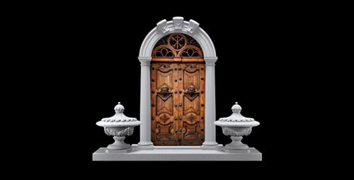 Características arquitectónicas y puerta de madera