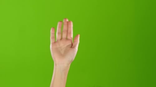 Girl with Manicure Waving Hello Raising Hand Up. Green Screen