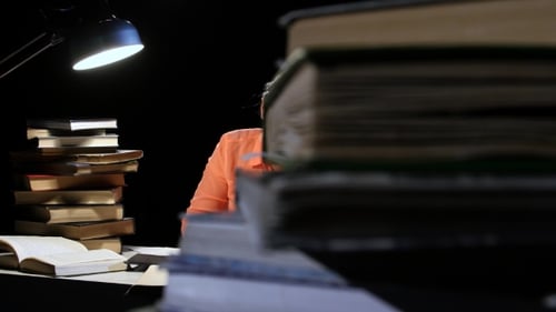 Young Woman Studying at Table with Books