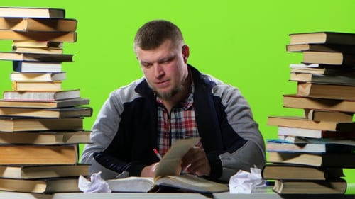 Guy with the Book Begins Very Angry, and Slowly Calmed Down. Green Screen