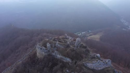 Aerial View of Ruins of a Medieval Castle. Liteni, Fortress, Transylvania, Romania