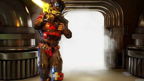 Futuristic Space Soldiers with Weapons in Sci-Fi Corridor