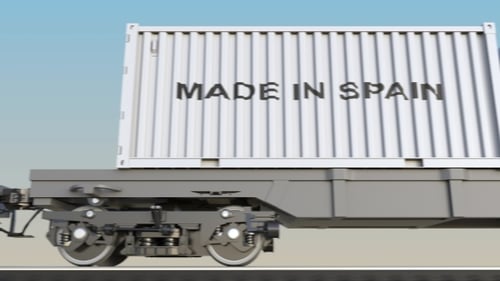 Moving Cargo Train and Containers with MADE IN SPAIN Caption