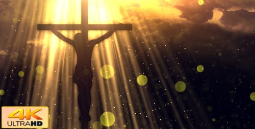 Jesus Christ Cross with Divine Golden Light Rays and Glowing Particles