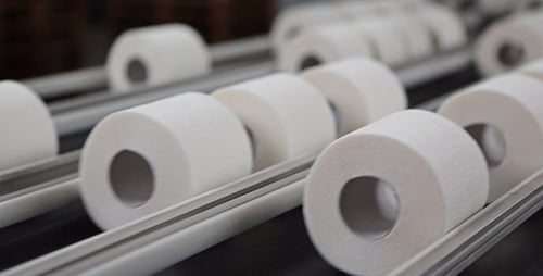 Toilet Paper Rolls Moving on Conveyor Belt
