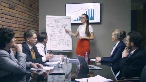 Woman Presents Business Strategy to Colleagues in Office
