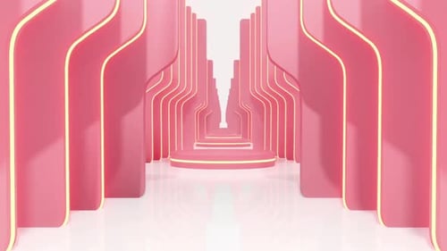 Modern Pink Tunnel with Glowing Arches and Product Platforms
