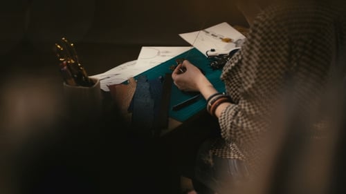 Craftsperson Working on Leather Jewelry at Table