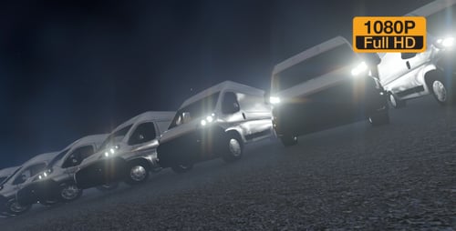 3D Cargo Vans Driving Uphill at Night with Bright Headlights
