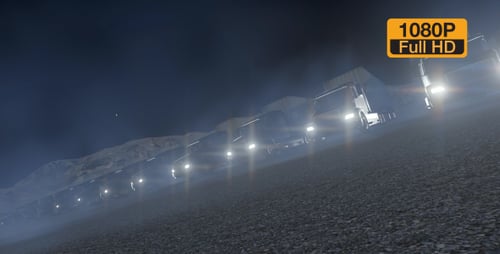 Night Convoy of Semi Trucks with Bright Headlights