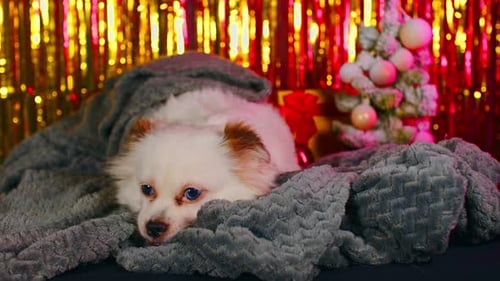 Dog Resting on Blanket Beside Christmas Tree