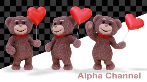 Cute Animated 3D Teddy Bear with Red Heart Balloon