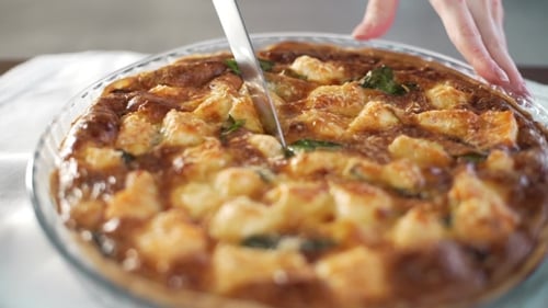 Housewife Makes Pie with Salmon, Fried Vegetables and Fish, Pie Filling, Cooking at Home, Ricipes at