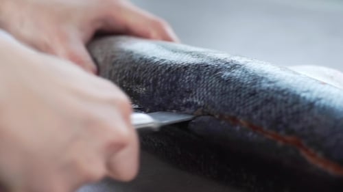 Preparing Raw Salmon Fillet with Knife