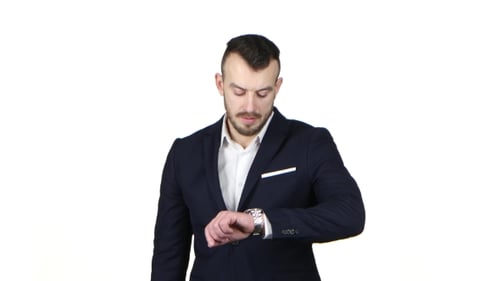 Man Nervously Wait and Checks the His Watch. White Background