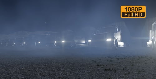 Night Time Industrial Truck Fleet with Foggy Headlights