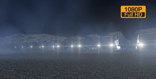 Digital Truck Convoy Driving at Night with Bright Headlights