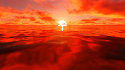 Reflexion des roten Sonnenlichts auf Wasser