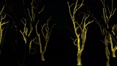Abstract Golden Metallic Trees Moving Through Dark Tunnel Loop