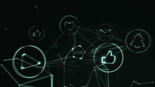 Animation of green light trails with icons on green background