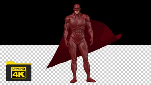 Red Masked Superhero Character Standing with Waving Cape