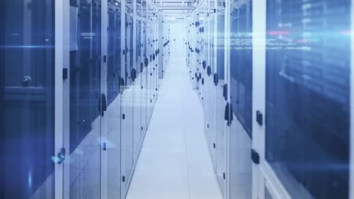 Digital Code Data Flow in Futuristic Server Room Animation