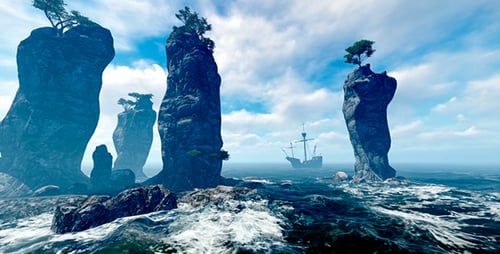 Ocean Ship And Stone Cliffs