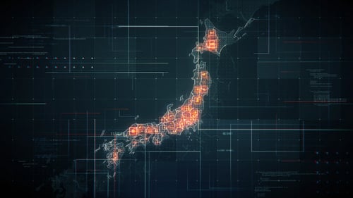 Futuristic Digital Map of Japan with Technology Data Overlay