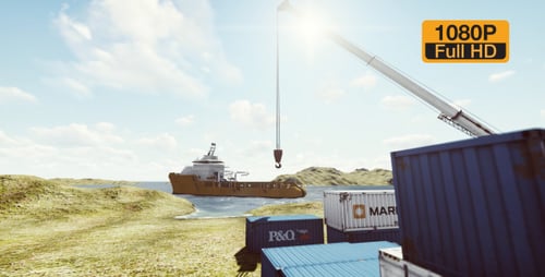 3D Animated Cargo Ship and Crane in Industrial Port