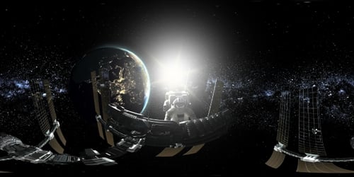 Un astronaute et une station spatiale internationale en orbitant autour de la Terre en réalité virtuelle