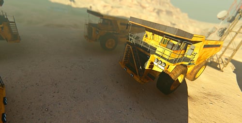 Large Yellow Mining Dump Trucks in Desert Mine