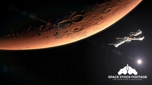 Futuristic Spaceship Flying Past Red Planet in Deep Space