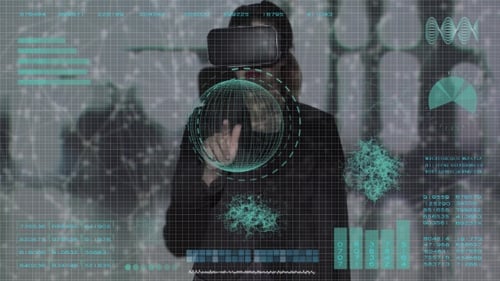 Woman Interacts with Futuristic Data Using VR Headset