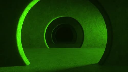 Abstract illuminated empty corridor interior made of gray concrete