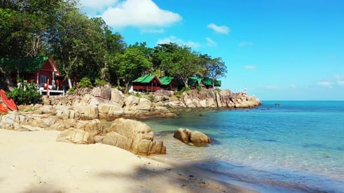 Aerial top down tourism of relaxing shore beach wildlife by transparent sea with white sand backgrou