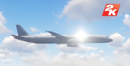 Realistic Airplane Flying in Cloudy Blue Sky with Sun Flare