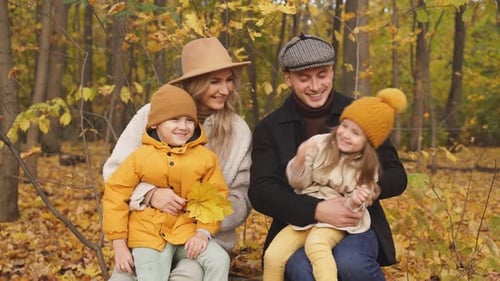 Cheerful Caucasian Family Have Spare Time Autumn Park Forest