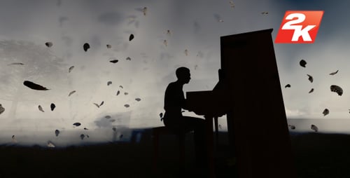 Silhouetted Piano Player with Falling Leaves Animation