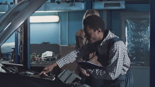 Mechanic Discussing a Car Service with the Owner