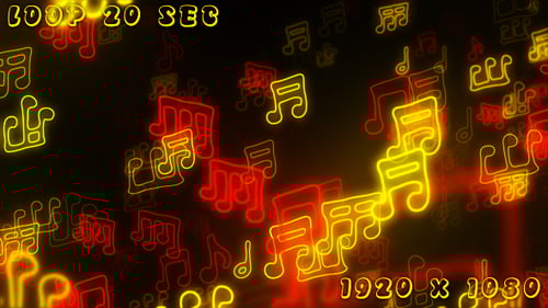 Glowing Red and Yellow Neon Music Notes Background Loop