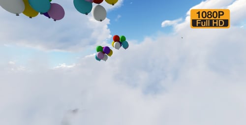 Bright Colorful Balloons Floating Up Through Clouds in a Blue Sky