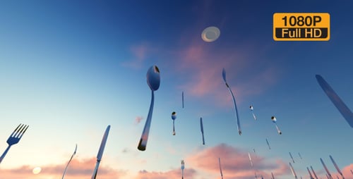 Surreal Floating Cutlery Against a Sunset Sky