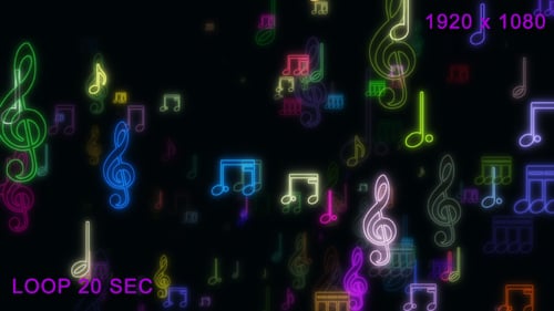 Dynamic Glowing Neon Music Notes Floating Loop Background